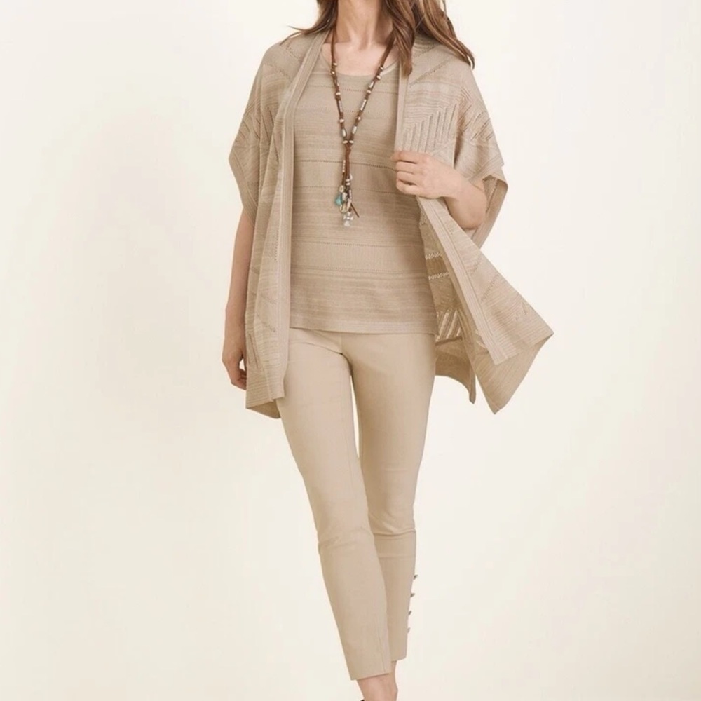 New Chicos Textured Striped Ruana Cardigan Size S / M Beige Open Knit Beach